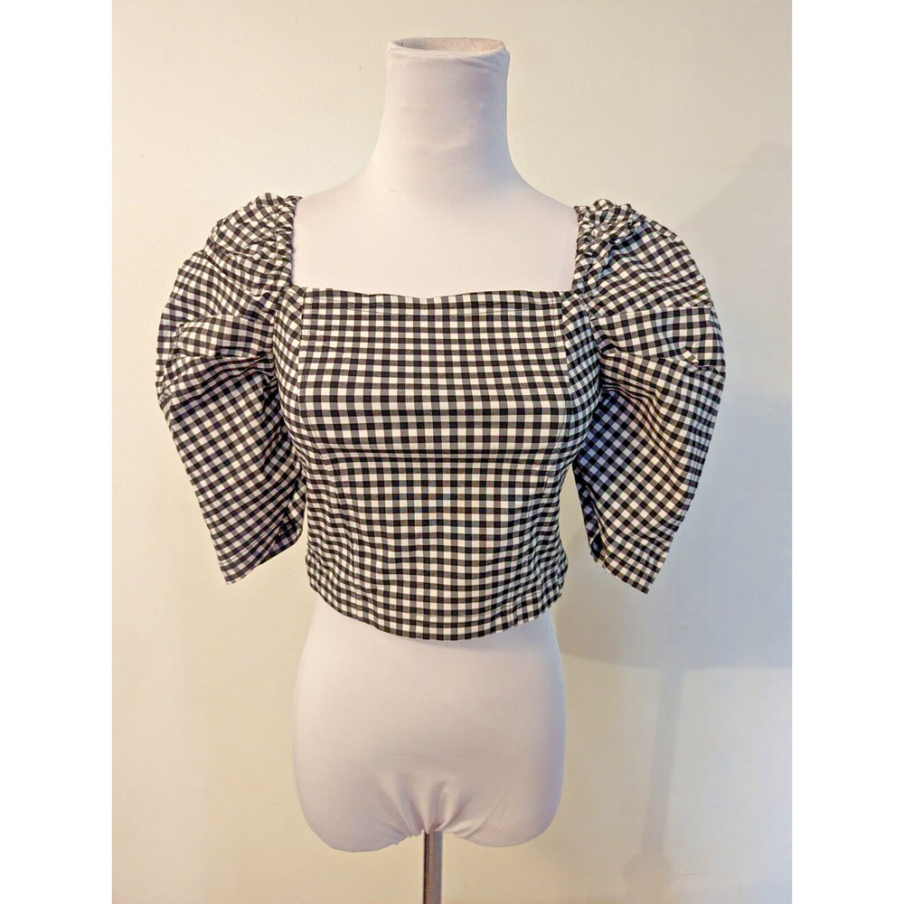 New Topshop sz 8 Cropped Top puff sleeves stretchy black & white blouse 2863